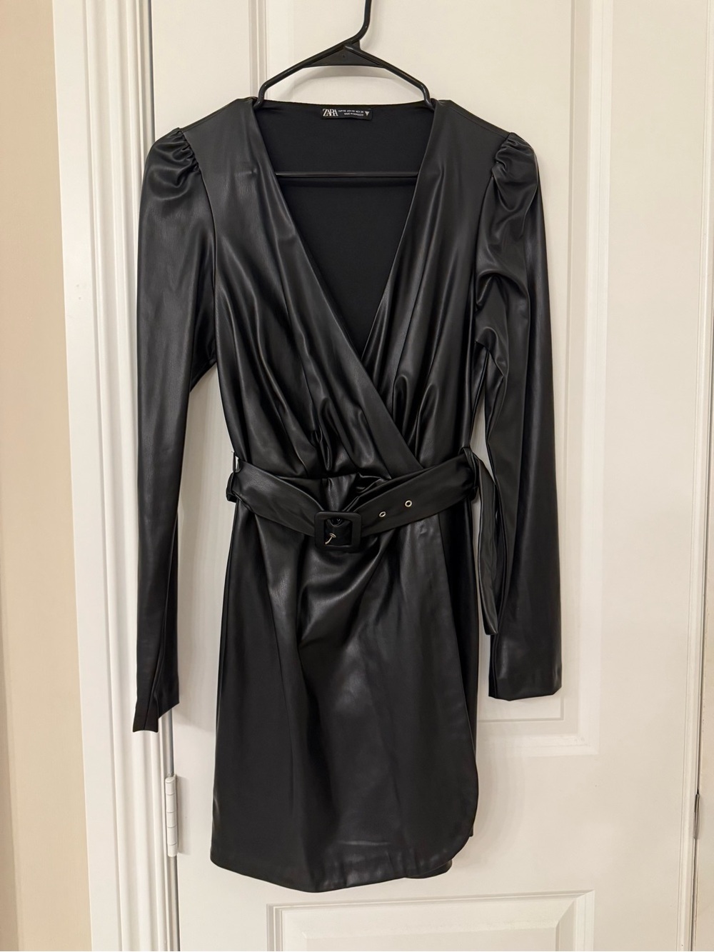 Zara Black Faux-Leather Long Sleeve Wrap Dress with Belt